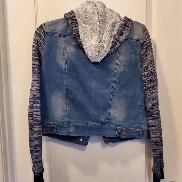 Bee & Ceci Los Angeles Hooded Denim Jacket | Knit Sleeves & Hood | L - Picture 3 of 6